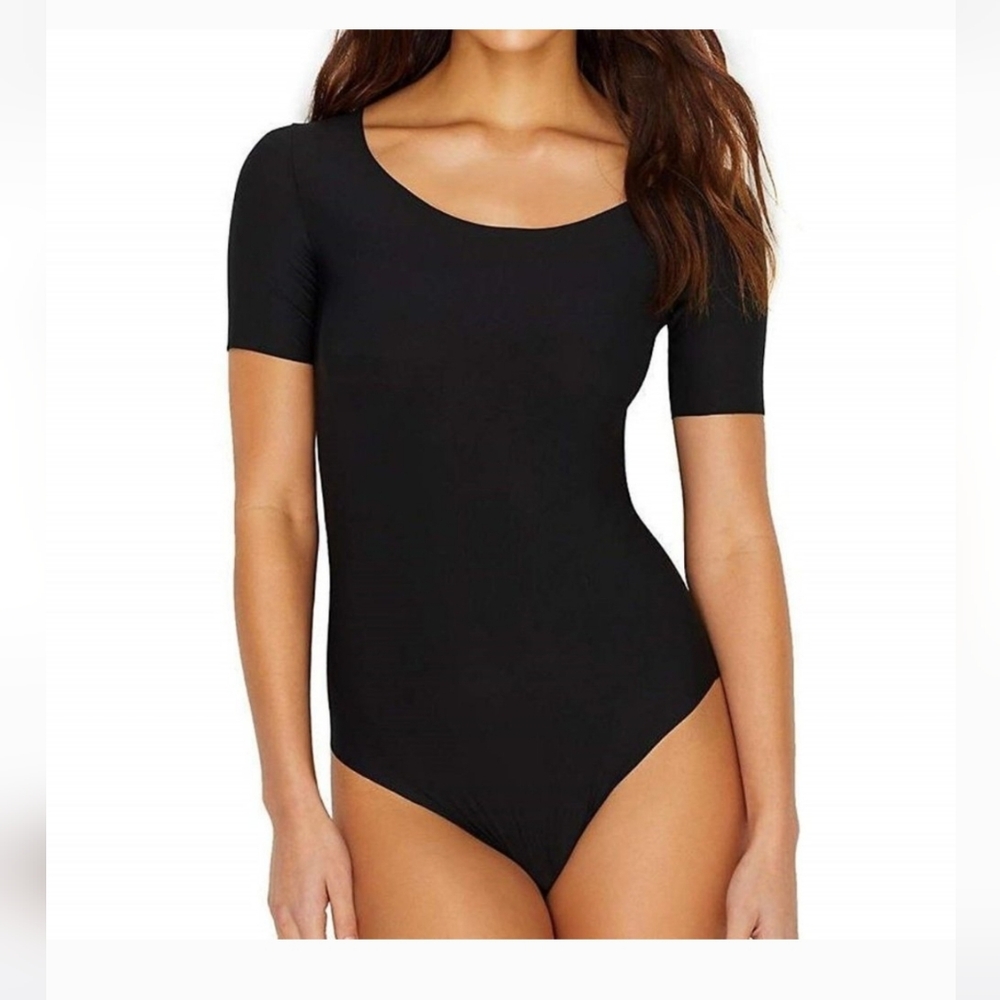 Commando Butter Scoop Neck Black Fitted Short Sleeve Bodysuit